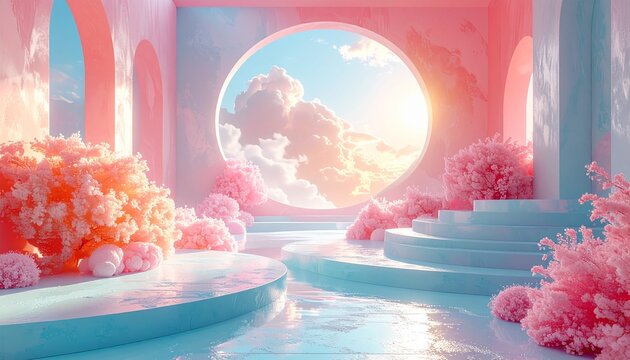 Surreal Pink Landscape with Circular Architecture.