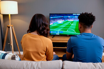 Caucasian young adult woman and Black young adult man sitting on sofa watching soccer match on television in living room, both viewed from behind with focus on screen