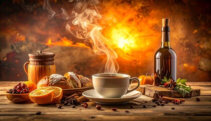 Steaming Coffee Cup with Wine and Spices.
