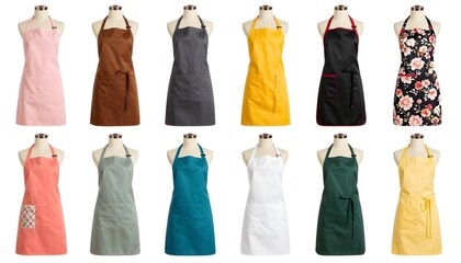 Collection of diverse aprons displayed on mannequins for fashion and culinary use