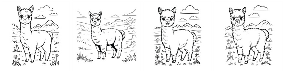 cute cartoon alpacas llamas standing in field with mountains landscape vector outline illustration farm animals black and white clipart design vector illustration artwork  © RNDM Stock Files