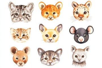 Fototapeta premium Watercolor art features cute animal faces including a lion, wildcat, fox, and mouse arranged in a grid on a white background showcasing creativity and imagination