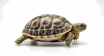 Obraz premium Terrestrial Tortoise (Testudines) walking, isolated on a bright white studio background. Detailed view of patterned shell and reptile scales.