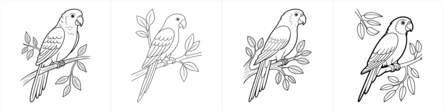 set of hand drawn parrot outlines in various poses on branches detailed line art illustration vector black and white clipart design vector illustration artwork
