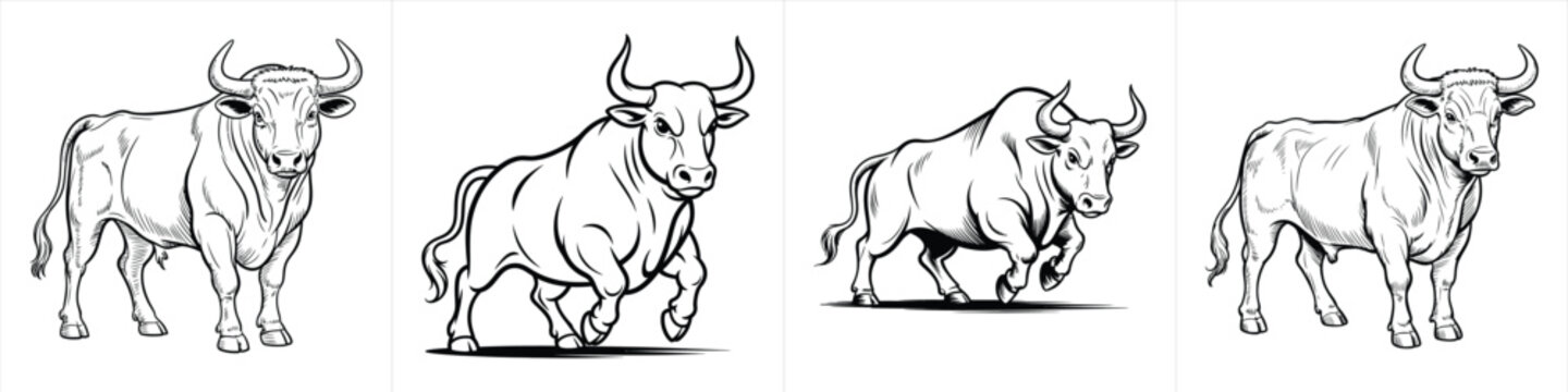 collection of hand drawn bull and ox outlines in various poses detailed line art sketch vector illustration set black and white clipart design vector illustration artwork
