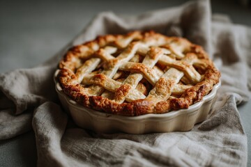 freshly baked apple pie with golden lattice crust in ceramic dish on textured linen background conveying thanksgiving dessert tradition homemade baking autumn warmth and rustic food styling