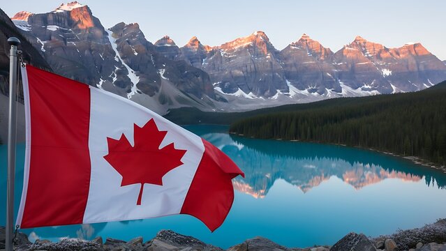The iconic Canadian maple leaf flag proudly waves against the breathtaking backdrop of a turquoise mountain lake and majestic peaks, symbolizing national pride and natural splendor