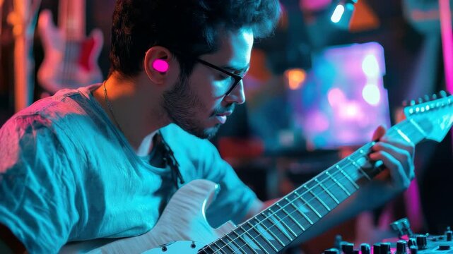 Hispanic man creating music with guitar in vibrant studio filled with instruments and lights, An adult Hispanic man filming a music video with visual effects in a studio