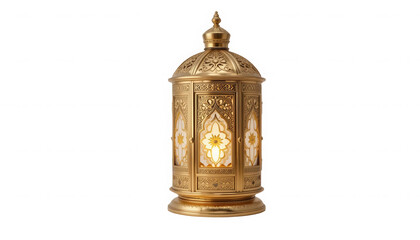 Ornate intricately detailed antique golden brass lantern featuring glowing white panel inlays and rich arabesque carvings on transparent background