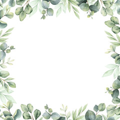 Obraz premium Watercolor square frame with green eucalyptus leaves and branches. Greenery clipart for wedding invitation, greeting cards, save the date, stationery design. Hand drawn illustration.