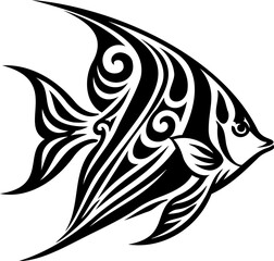 Fototapeta premium Black and white tropical fish outline vector illustration, minimal ocean creature contour line art with clean lines, marine animal design and copy space
