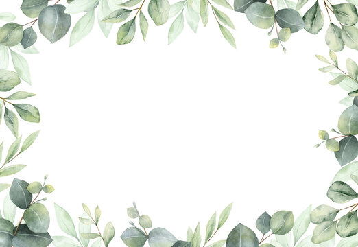 Watercolor  frame with green eucalyptus leaves and branches. Greenery clipart for wedding invitation, greeting cards, save the date, stationery design.  Hand drawn illustration.