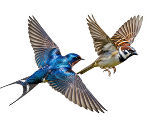 Obraz premium Two birds in mid flight with wings spread wide isolated on transparent background