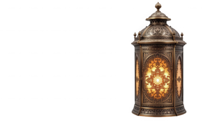 Ornate antique brass lantern featuring intricate arabesque metalwork and a warm glowing light source on transparent background