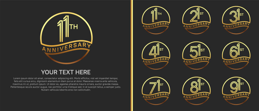 anniversary logo set with circle. gold color on black background for celebration moment