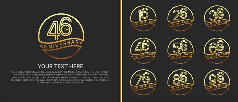 anniversary logo set with circle. gold color on black background for celebration moment