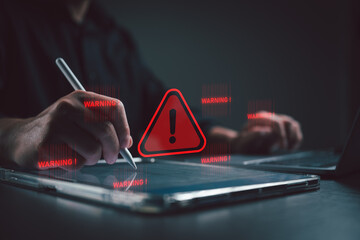 Person using digital tablet with multiple warning alerts and red danger icon, representing cybersecurity risk, system alert, data security issue, digital threat detection, online vulnerability.