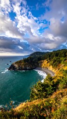 Obraz premium A scenic coastal landscape with a rugged shoreline, dense vegetation, and a vast ocean under a cloudy sky