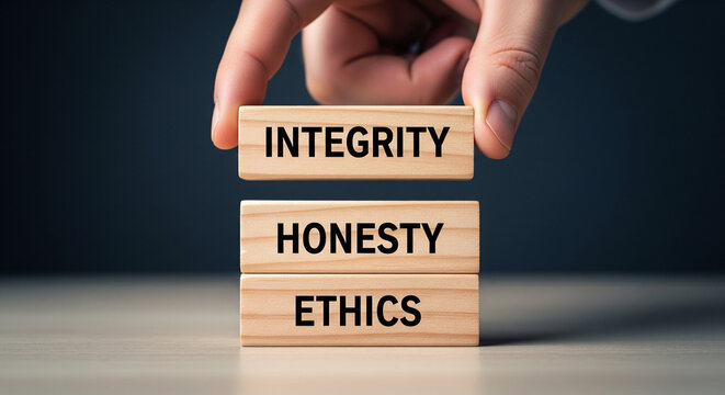 Building blocks of integrity, honesty, and ethics stacked by a hand