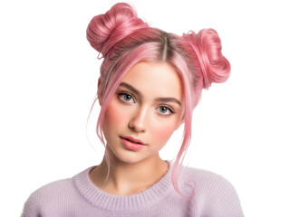 Fototapeta premium Young woman with pink hair in buns isolated on transparent background