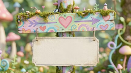 Whimsical art installation featuring decorative signage in enchanted forest fantasy environment vibrant colors nature-inspired imagery playful viewpoint for creative inspiration