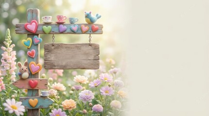 Charming wooden sign with heart decorations in a colorful flower garden nature photography soft morning light captivating viewpoint whimsical concept for visual appeal
