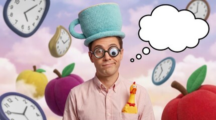 Whimsical dreamscape featuring a man in a large blue hat surrounded by colorful clocks and fruits fantasy setting playful atmosphere close-up perspective surreal concept
