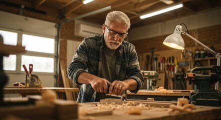 Senior Woodworker Shaping Wood with Plane in Workshop, Warm Lighting, Crafting.