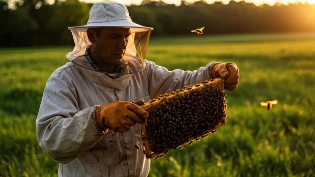 Man beekeeper in protective suit inspects frames with bees and honeycomb at sunrise on a farm field footage