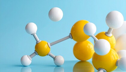 Obraz premium 3D molecular model of hydrocarbon with yellow carbon atoms and white hydrogen atoms on blue gradient.