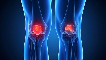 Front view of two knees with skeletal overlay and red glow indicating joint inflammation.