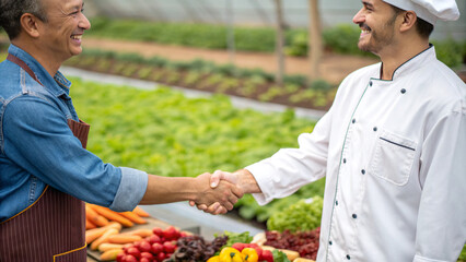 Two men shake hands in a greenhouse after discussing fresh produce for restaurant use in the afternoon