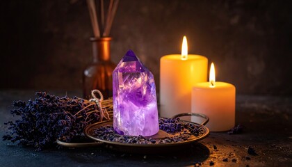 キャンドルの灯りとパワーストーン、アロマ
