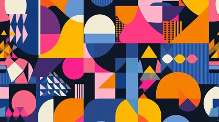 Fototapeta premium Colorful abstract shapes form a geometric seamless pattern in Bauhaus style with influences of Swiss design in vibrant hues suitable for various applications