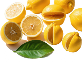 Lemons and lemon slices with a green leaf isolated on transparent background