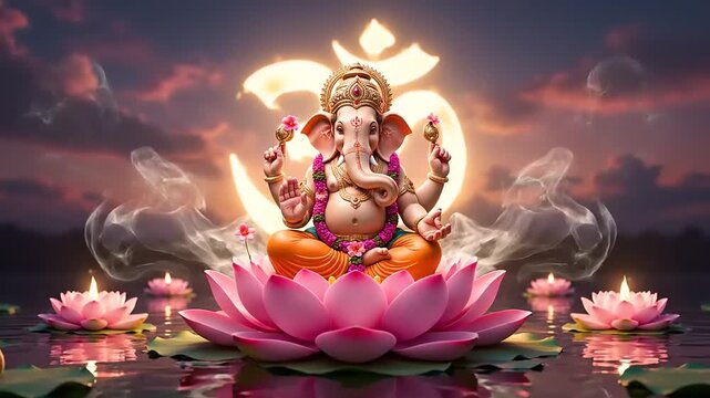 Divine Ganesha Meditates Amidst Lotus Flowers and Om Symbol.