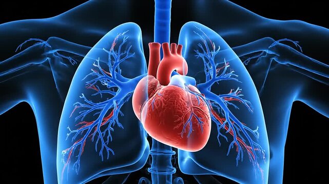 Red heart beating in chest with lungs, circulatory system, and human anatomy.