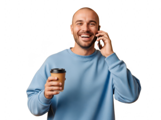 Smiling man talking on phone and holding coffee cup isolated on transparent background