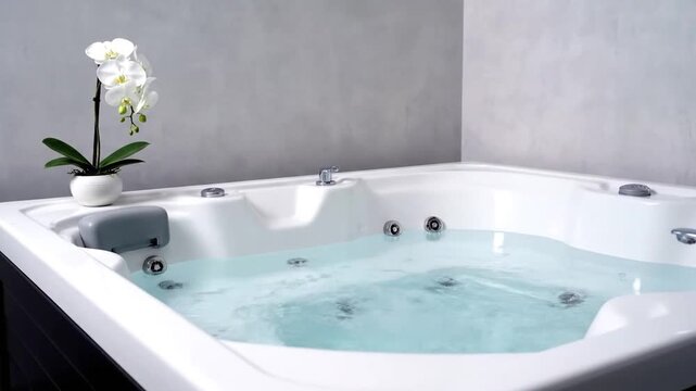A white jacuzzi with bubbling water and a white orchid on the side