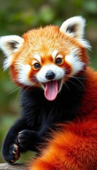 Playful red panda with tongue out, showing furry tail and waddling charm, red panda,  nature