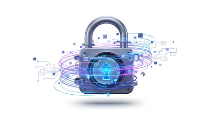 Advanced Cybersecurity Padlock with Digital Data Streams and Futuristic Encryption Interface