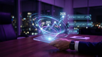 A businessman analyzing a futuristic revenue forecast on a tablet in a modern office