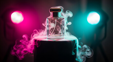 A perfume bottle sits atop a dark platform, illuminated by pink and cyan lights, surrounded by wisps of smoke. A dark backdrop adds contrast