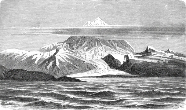 Monte Sarmiento peak with glacial cover and dramatic cloud formations in Tierra del Fuego archipelago, showing southern Andes mountain,  old vintage illustration, 1899