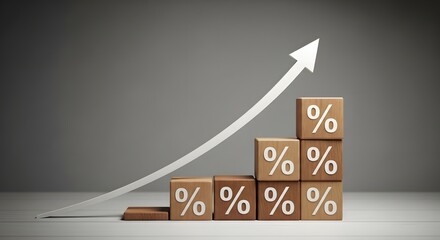 Increasing percentage blocks with upward arrow symbolizing growth and progress in statistics and data analysis
