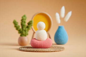 Colorful decoration with round shapes and plants on a plain background in modern style