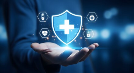 Healthcare protection and security concept with shield and medical cross