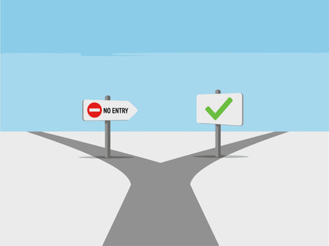 A split pathway illustration depicts a decision conflict. One path is blocked, the other marked with a check. Modern, clean design for business or strategy concepts.