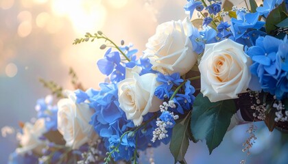 ブライダルパーティーのテーブル、テーブルセットと青い薔薇