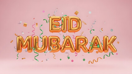 Festive Eid Mubarak golden 3D typography with party decorations